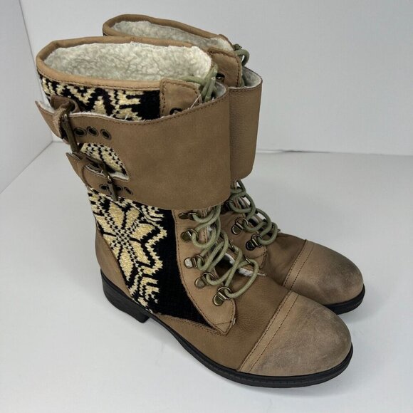 Kelsi Dagger Brown Ilya Womens Leather Block Heel Size 7.5 Mid Calf Sherpa Boots - Picture 2 of 9